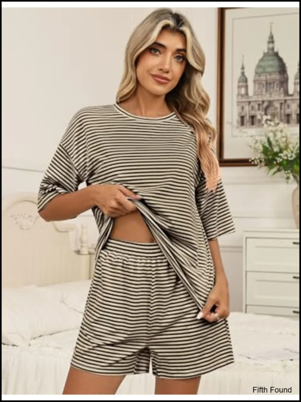 Women's 2 Piece Lounge Set: 3/4 Sleeve Top & Elastic Waist Shorts with Pockets,